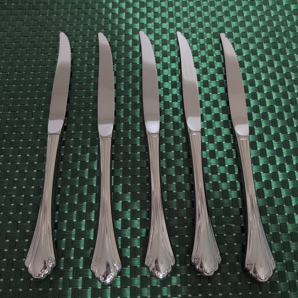 Oneida FALKIRK Steak Knives Serrated Set Lot of 5 Stainless Glossy USA VTG Rare